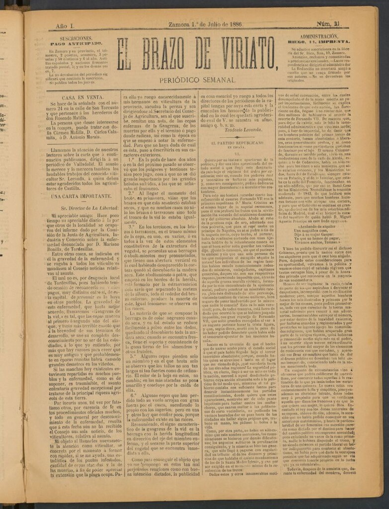 Miniatura de El Brazo de Viriato : periódico semanal del 1 de julio de 1886