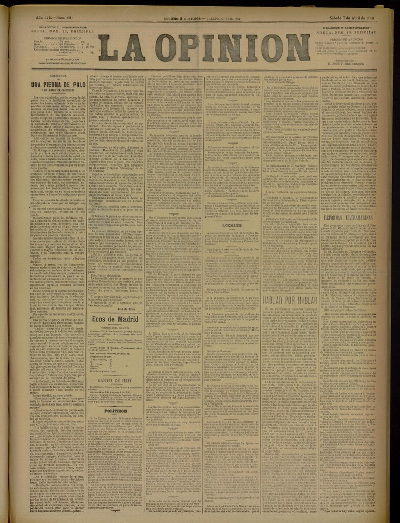 Miniatura de La Opinión del 7 de abril de 1888, nº 687