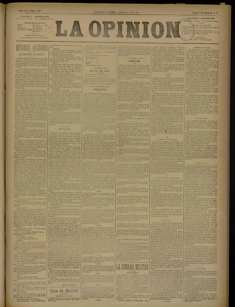 Miniatura de La Opinión del 9 de abril de 1888, nº 689