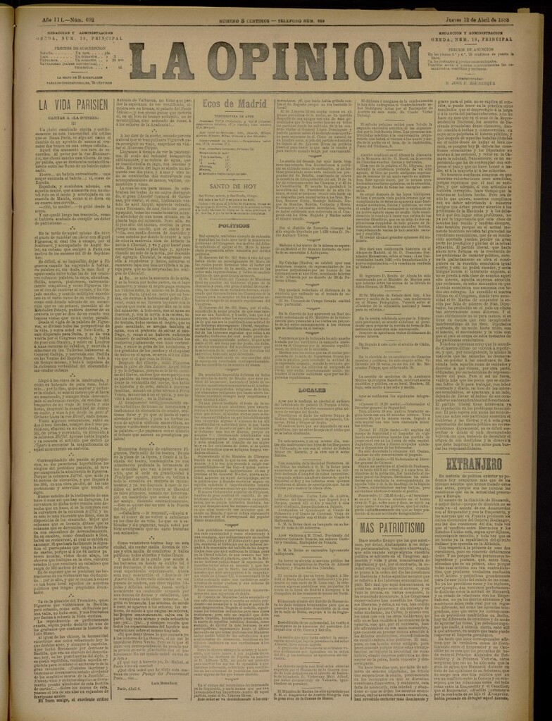 Miniatura de La Opinión del 12 de abril de 1888, nº 692