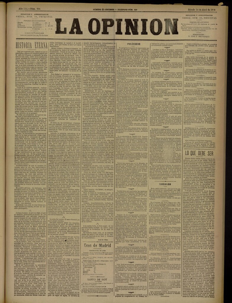 Miniatura de La Opinión del 14 de abril de 1888, nº 694