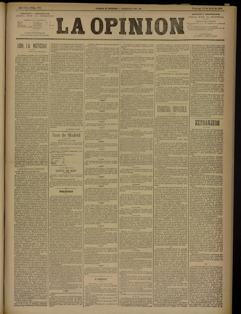 Miniatura de La Opinión del 15 de abril de 1888, nº 695