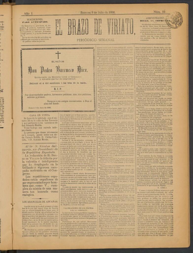 Miniatura de El Brazo de Viriato : periódico semanal del 8 de julio de 1886