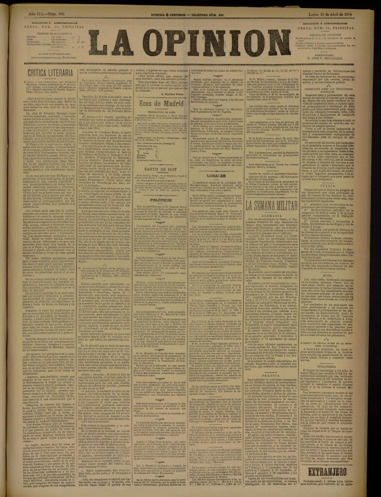 Miniatura de La Opinión del 16 de abril de 1888, nº 696