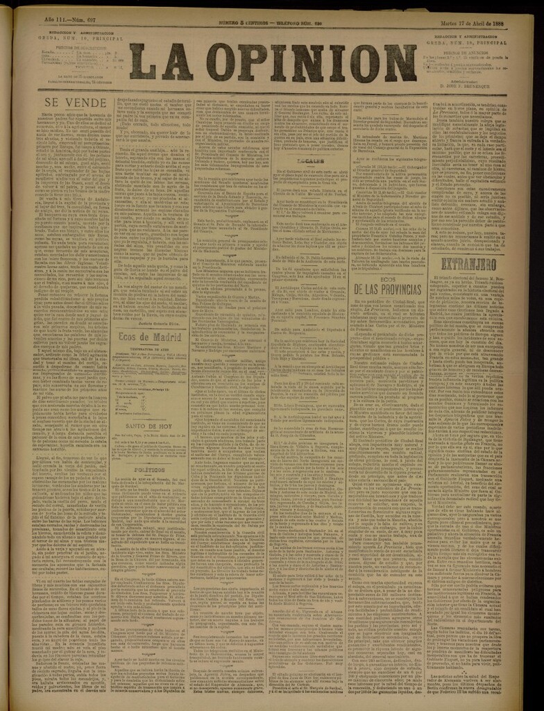 Miniatura de La Opinión del 17 de abril de 1888, nº 697