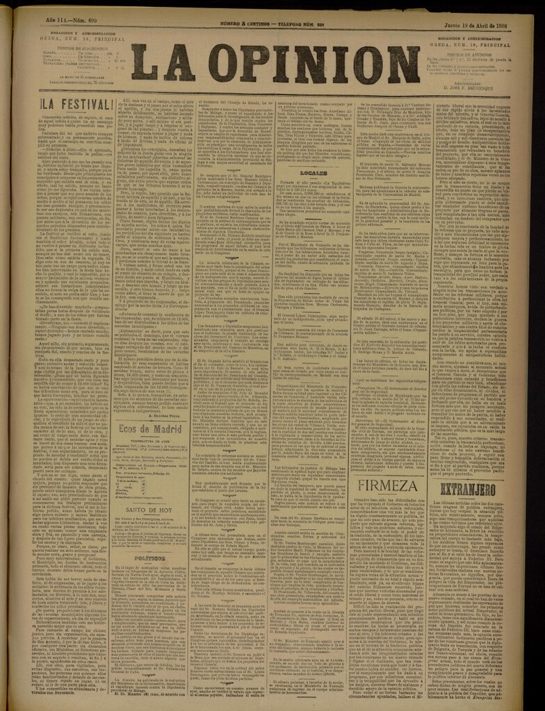 Miniatura de La Opinión del 19 de abril de 1888, nº 699