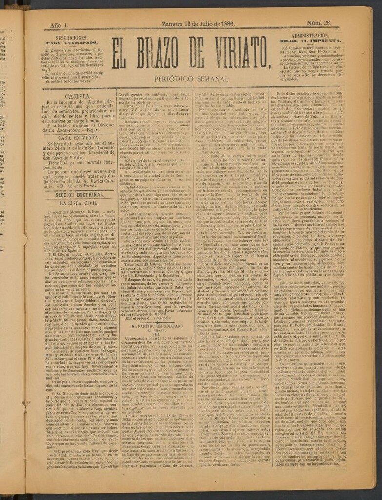 Miniatura de El Brazo de Viriato : periódico semanal del 15 de julio de 1886