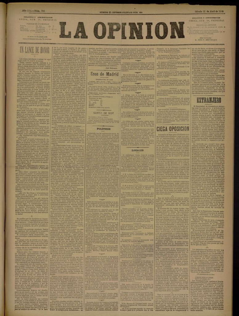 Miniatura de La Opinión del 21 de abril de 1888, nº 701