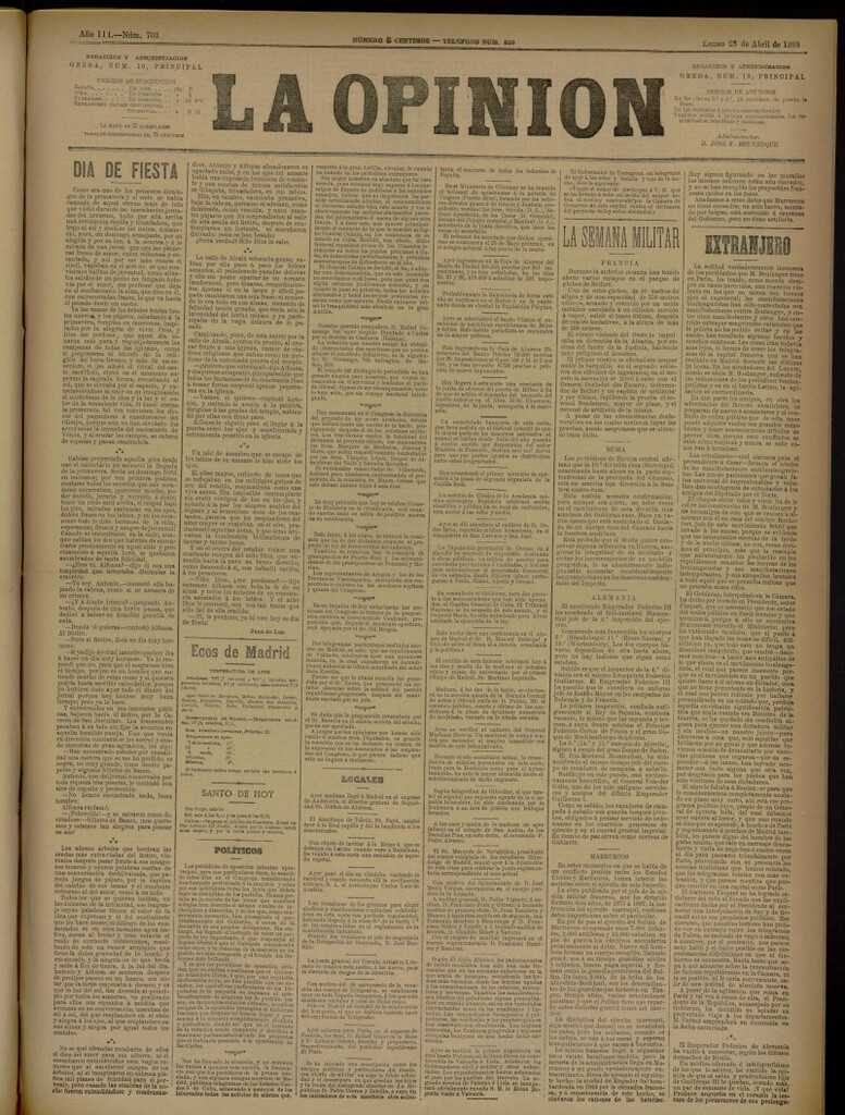 Miniatura de La Opinión del 23 de abril de 1888, nº 703