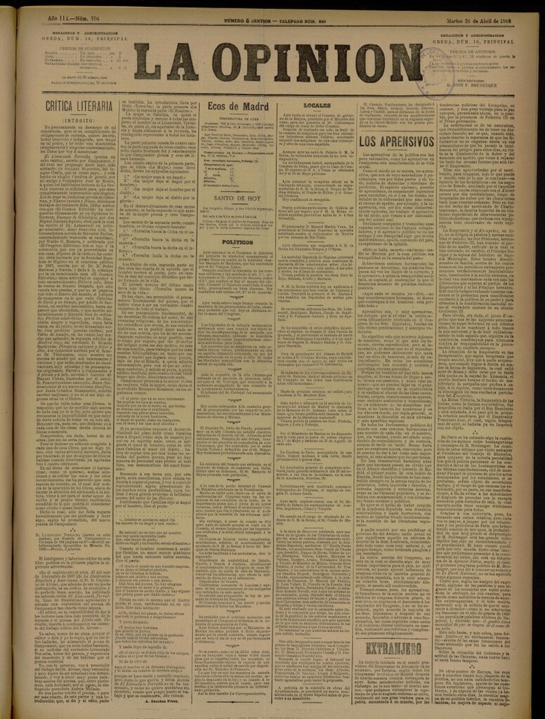 Miniatura de La Opinión del 24 de abril de 1888, nº 704