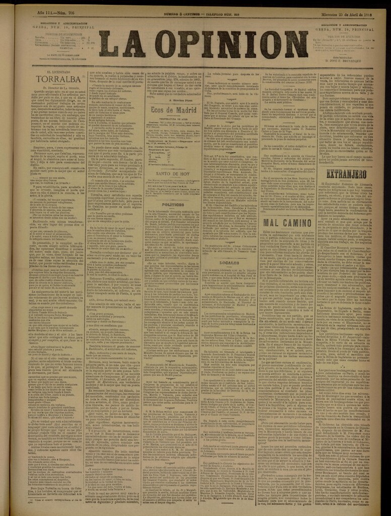 Miniatura de La Opinión del 25 de abril de 1888, nº 705