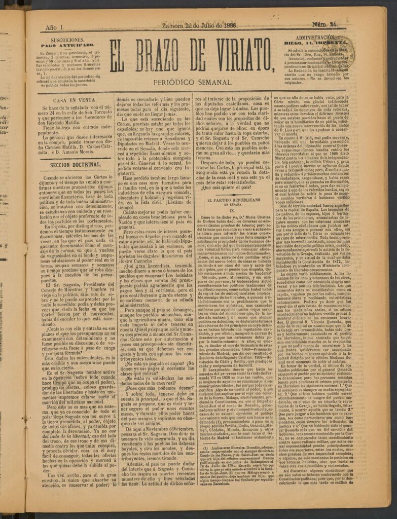 Miniatura de El Brazo de Viriato : periódico semanal del 22 de julio de 1886