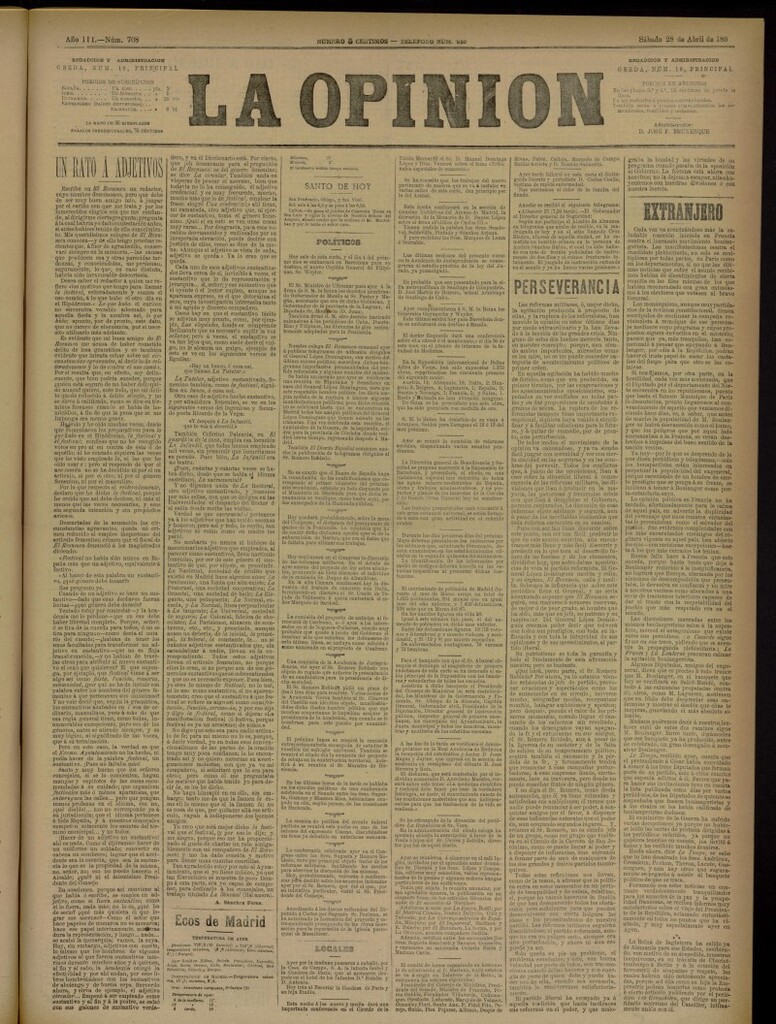Miniatura de La Opinión del 28 de abril de 1888, nº 708