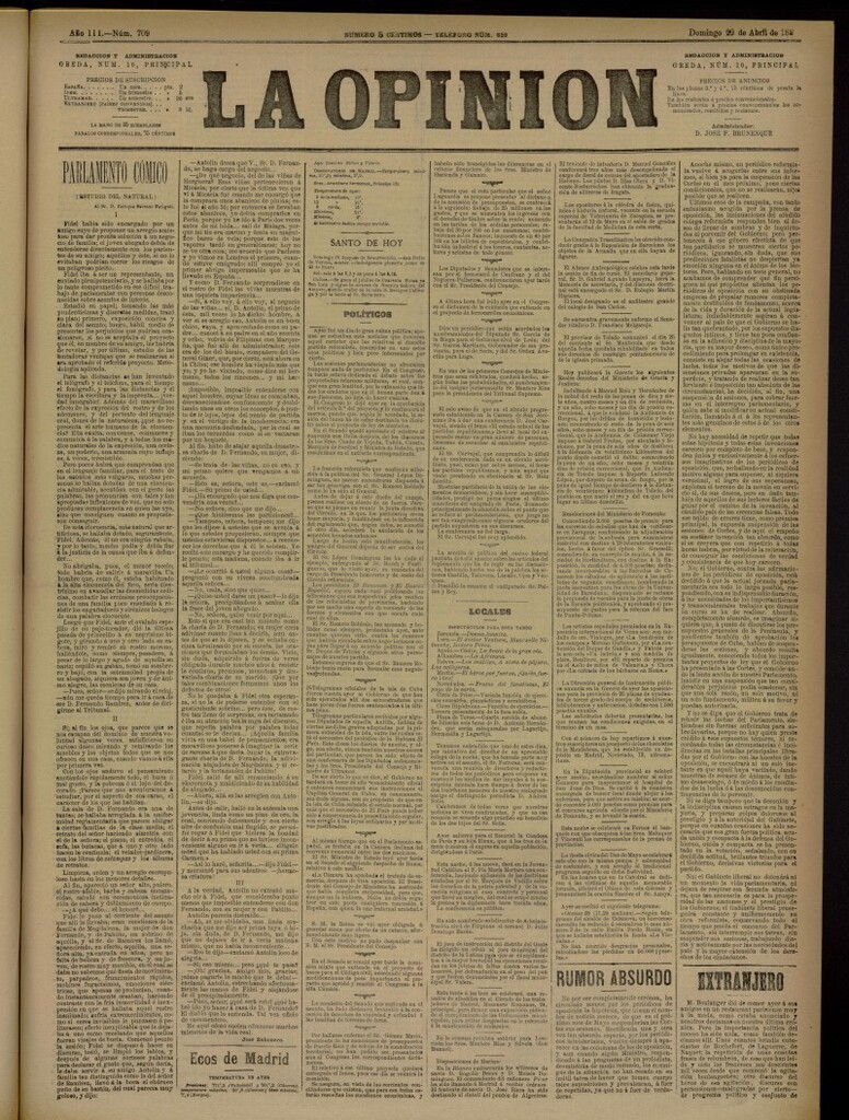 Miniatura de La Opinión del 29 de abril de 1888, nº 709