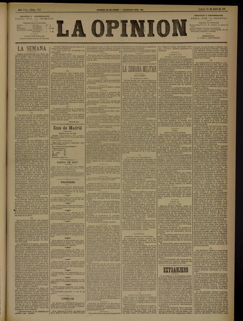 Miniatura de La Opinión del 30 de abril de 1888, nº 710