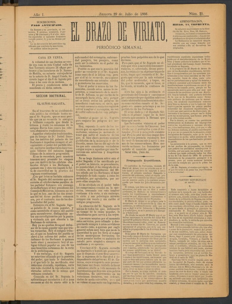 Miniatura de El Brazo de Viriato : periódico semanal del 29 de julio de 1886