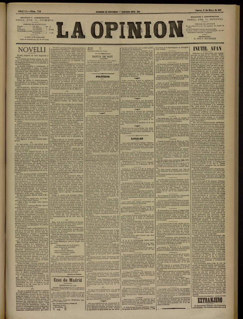 Miniatura de La Opinión del 3 de mayo de 1888, nº 713
