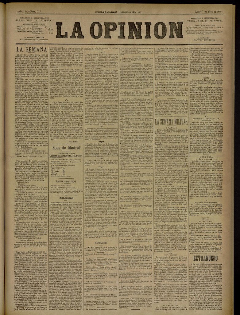 Miniatura de La Opinión del 7 de mayo de 1888, nº 717