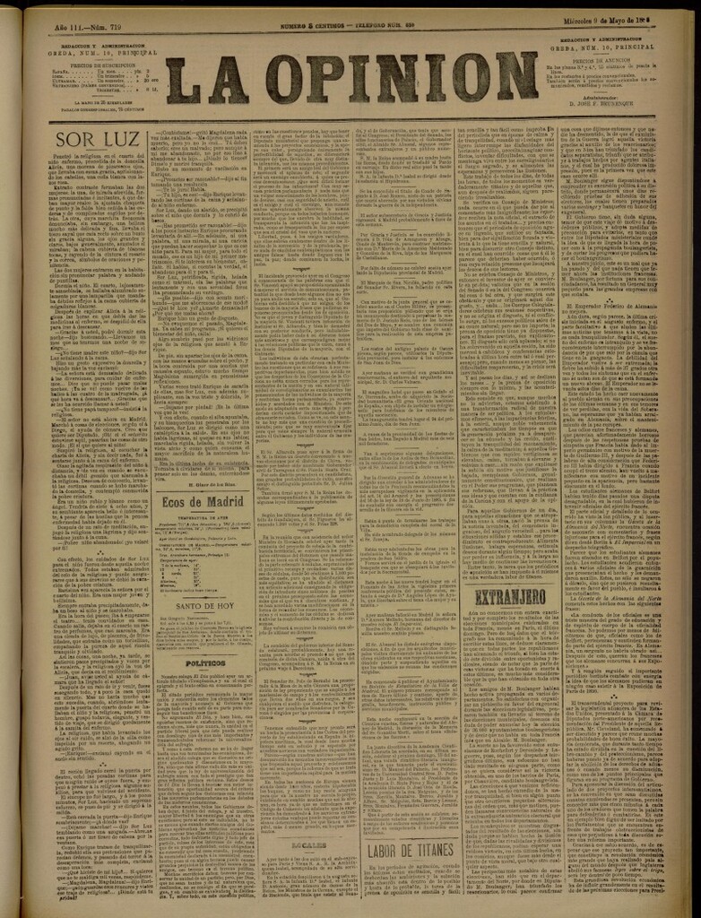 Miniatura de La Opinión del 9 de mayo de 1888, nº 719