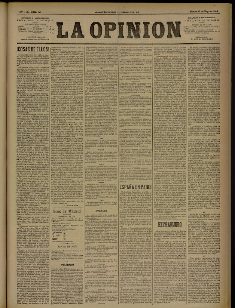 Miniatura de La Opinión del 11 de mayo de 1888, nº 721