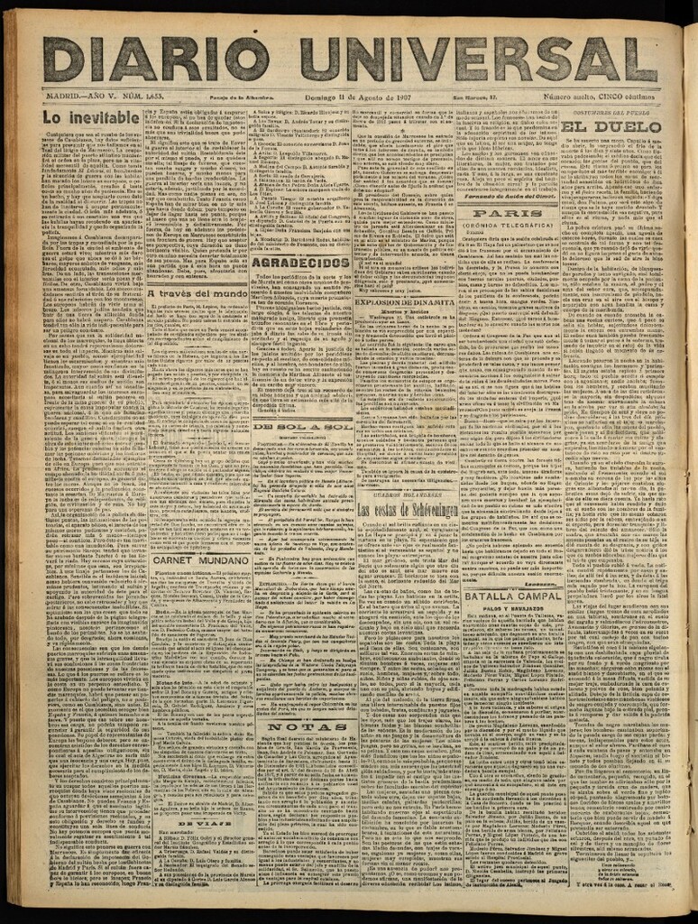 Miniatura de Diario Universal del 11 de agosto de 1907