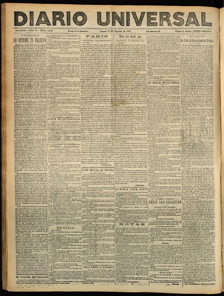 Miniatura de Diario Universal del 12 de agosto de 1907