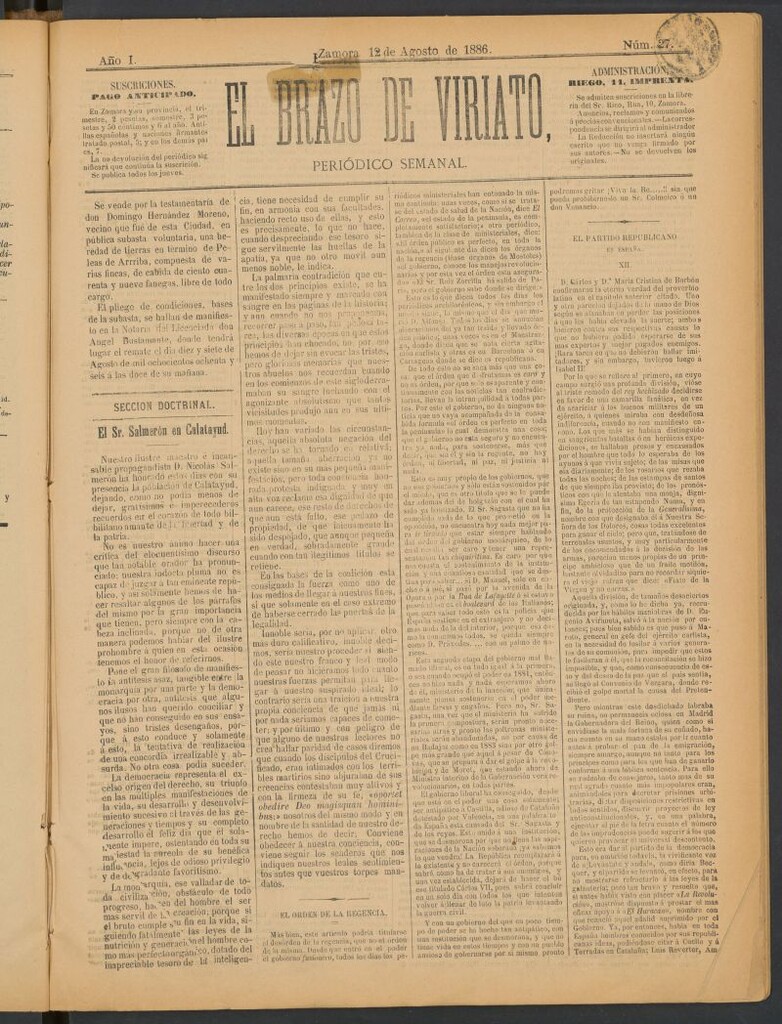 Miniatura de El Brazo de Viriato : periódico semanal del 12 de agosto de 1886