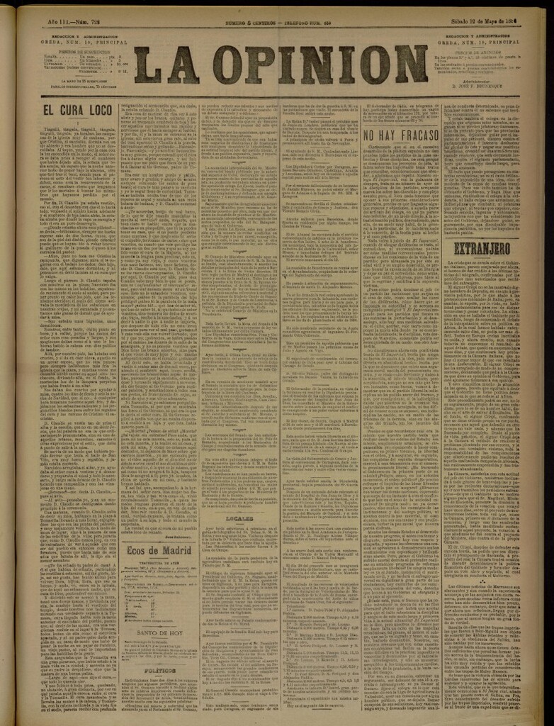 Miniatura de La Opinión del 12 de mayo de 1888, nº 722