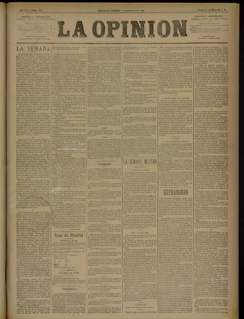 Miniatura de La Opinión del 14 de mayo de 1888, nº 724