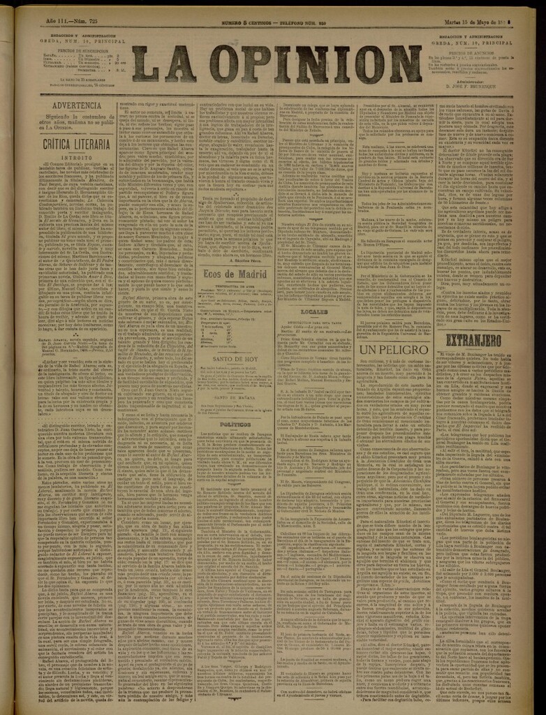 Miniatura de La Opinión del 15 de mayo de 1888, nº 725