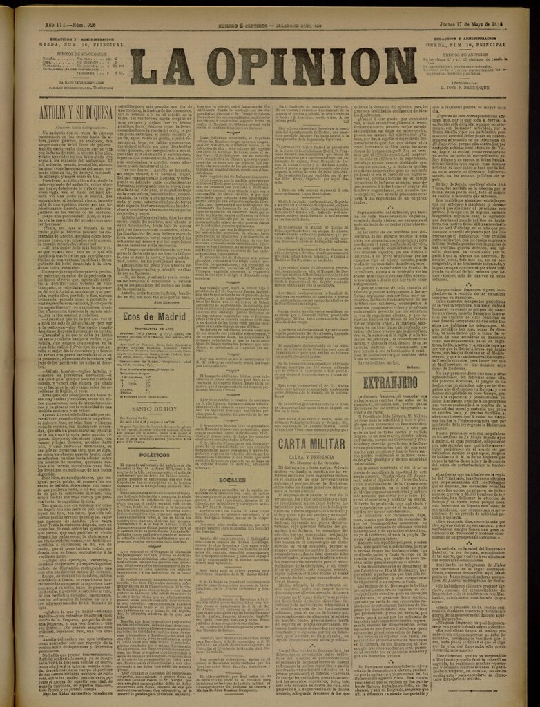 Miniatura de La Opinión del 17 de mayo de 1888, nº 726