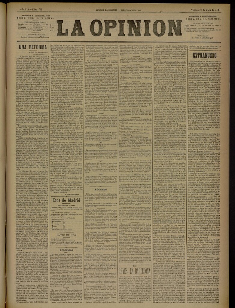 Miniatura de La Opinión del 18 de mayo de 1888, nº 727
