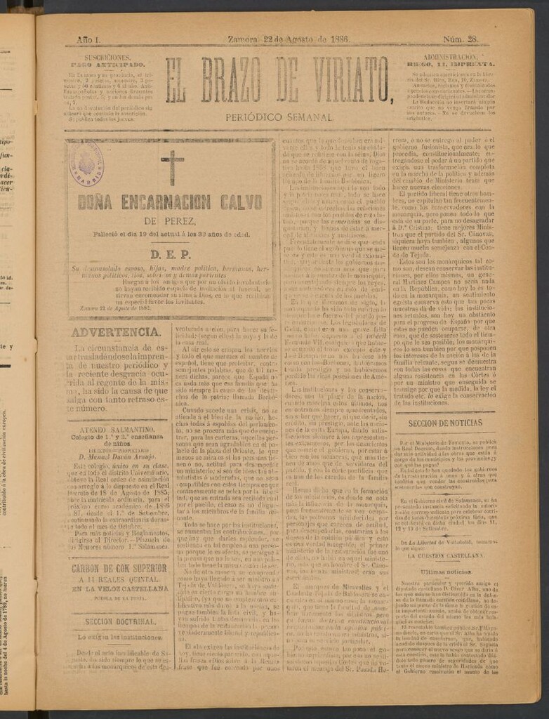Miniatura de El Brazo de Viriato : periódico semanal del 22 de agosto de 1886