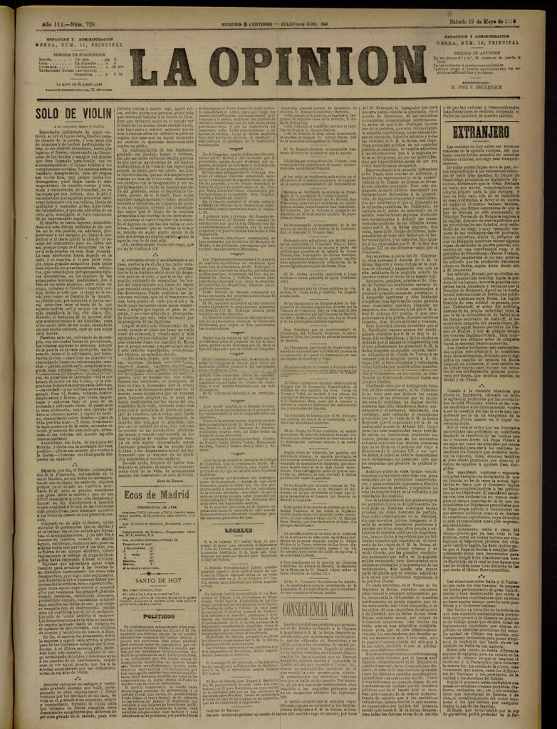 Miniatura de La Opinión del 19 de mayo de 1888, nº 728