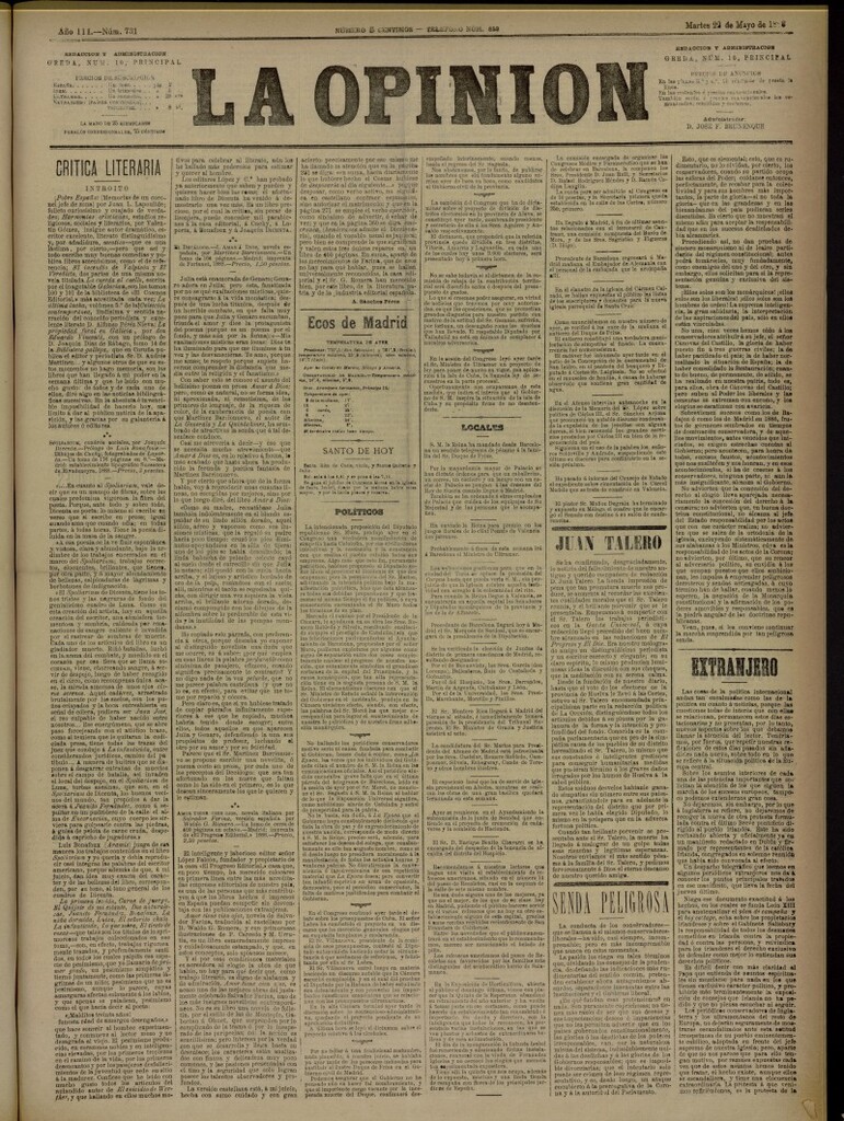 Miniatura de La Opinión del 22 de mayo de 1888, nº 731