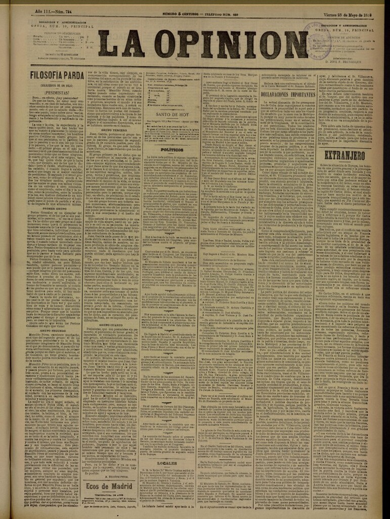 Miniatura de La Opinión del 25 de mayo de 1888, nº 734