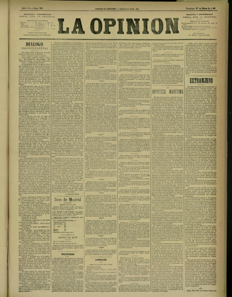 Miniatura de La Opinión del 27 de mayo de 1888, nº 736