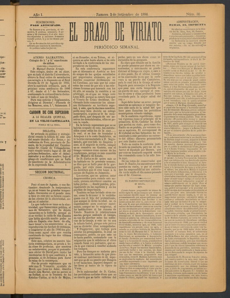 Miniatura de El Brazo de Viriato : periódico semanal del 2 de septiembre de 1886