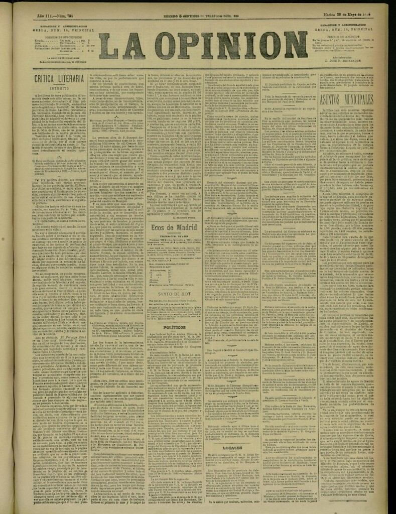 Miniatura de La Opinión del 29 de mayo de 1888, nº 738