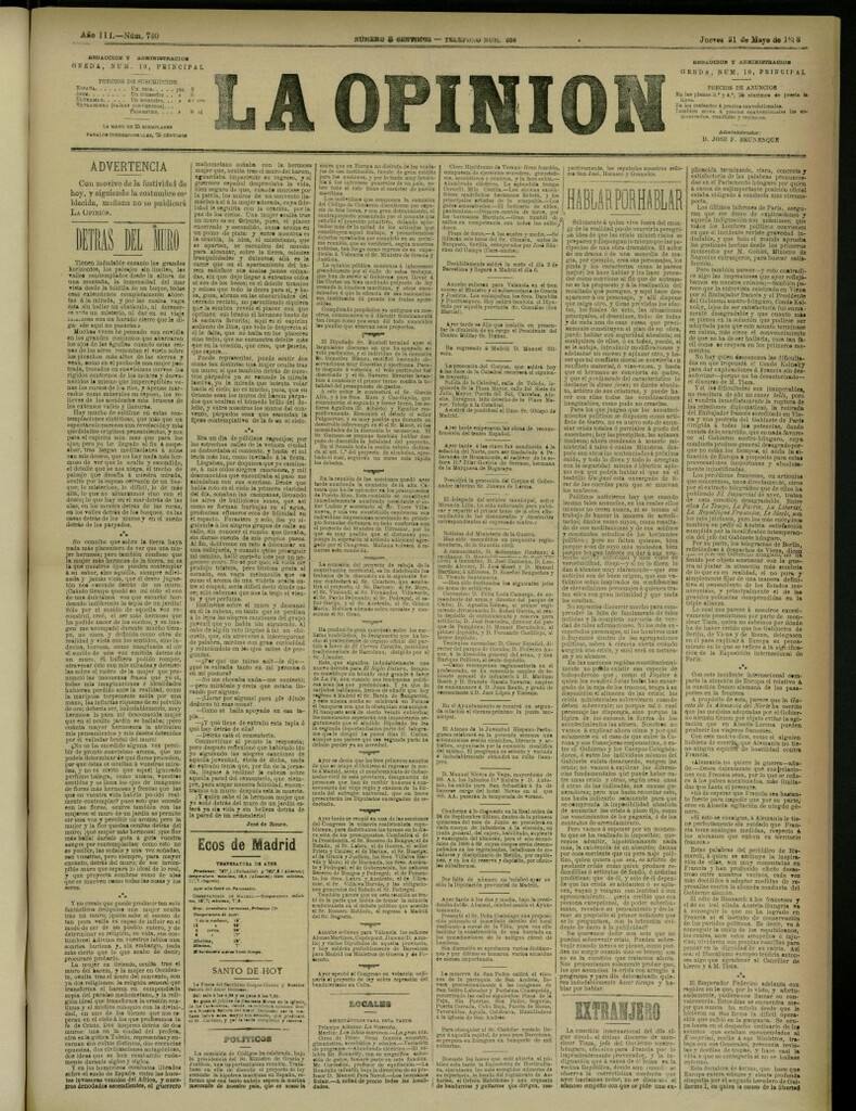Miniatura de La Opinión del 31 de mayo de 1888, nº 740