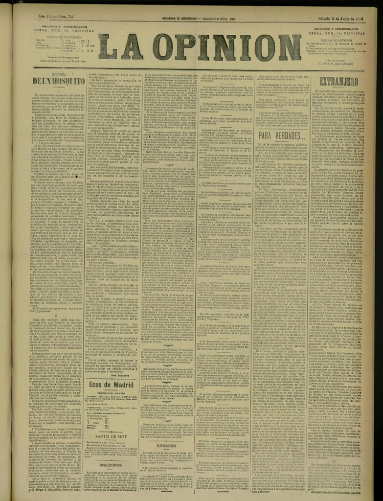 Miniatura de La Opinión del 2 de junio de 1888, nº 741