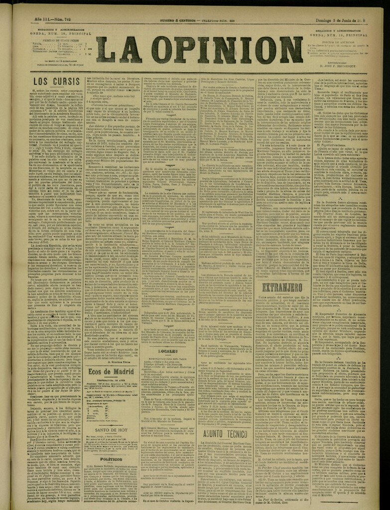 Miniatura de La Opinión del 3 de junio de 1888, nº 742
