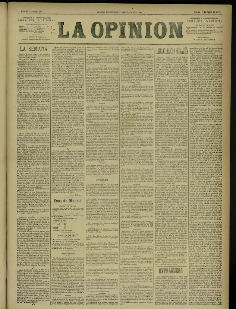 Miniatura de La Opinión del 4 de mayo de 1888, nº 743