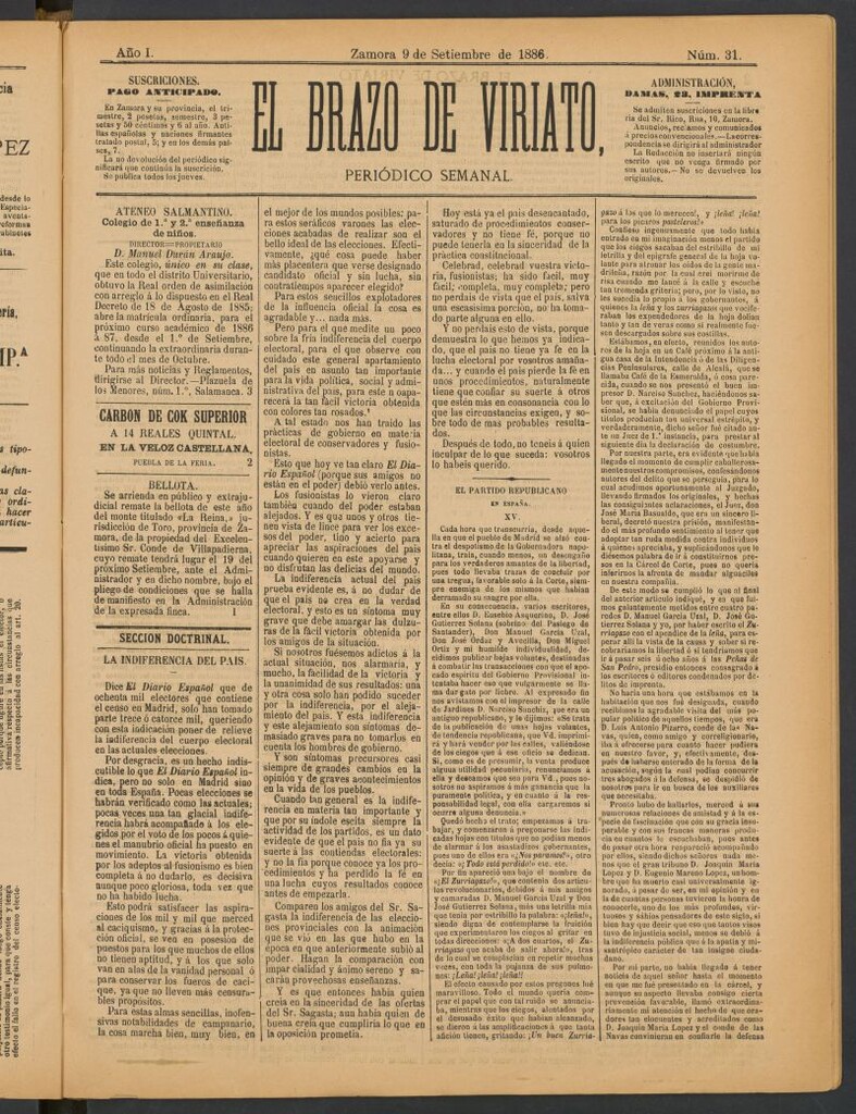 Miniatura de El Brazo de Viriato : periódico semanal del 9 de septiembre de 1886