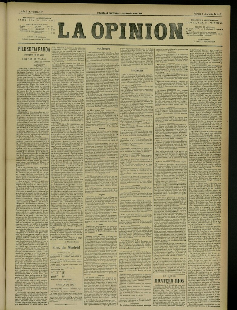 Miniatura de La Opinión del 8 de junio de 1888, nº 747