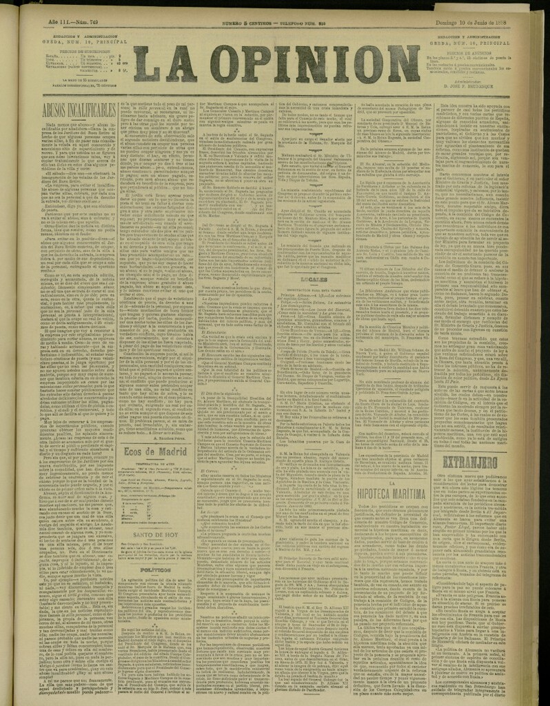 Miniatura de La Opinión del 10 de junio de 1888, nº 749