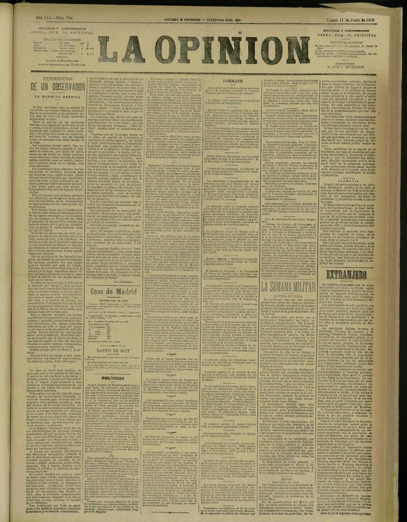 Miniatura de La Opinión del 11 de junio de 1888, nº 750