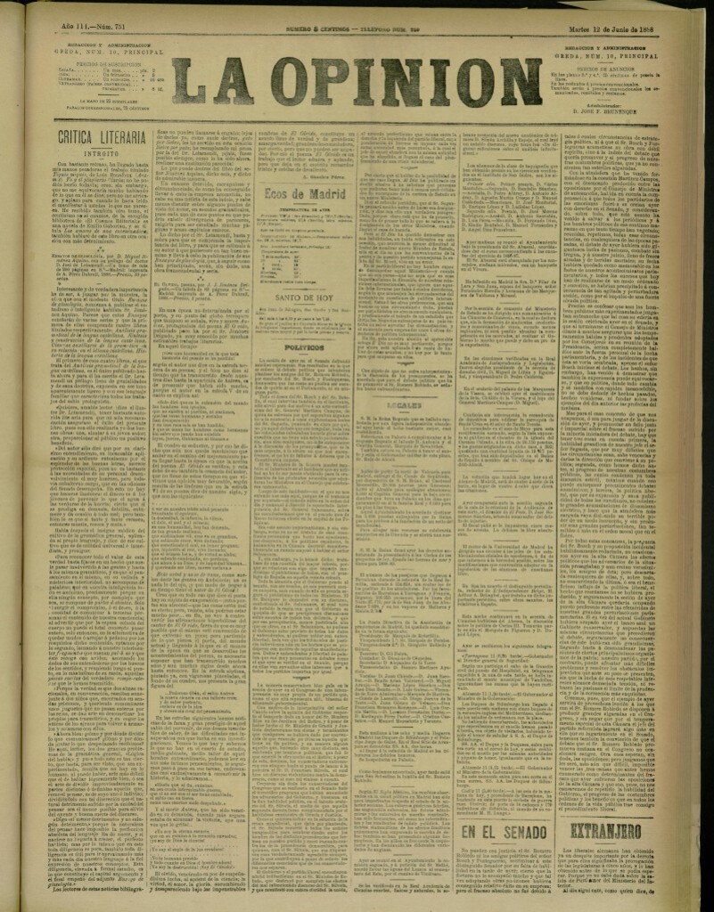 Miniatura de La Opinión del 12 de junio de 1888, nº 751