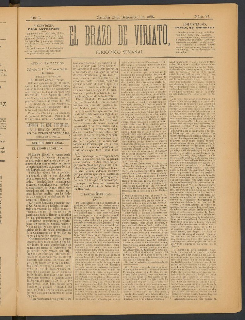 Miniatura de El Brazo de Viriato : periódico semanal del 23 de septiembre de 1886