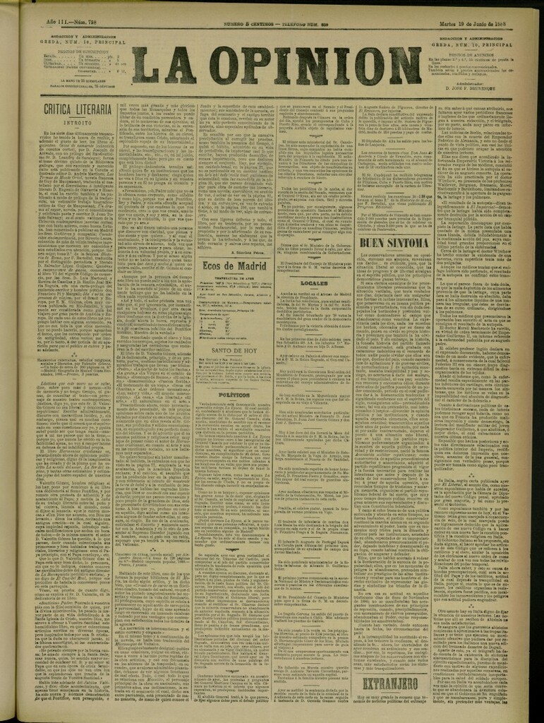 Miniatura de La Opinión del 19 de junio de 1888, nº 758
